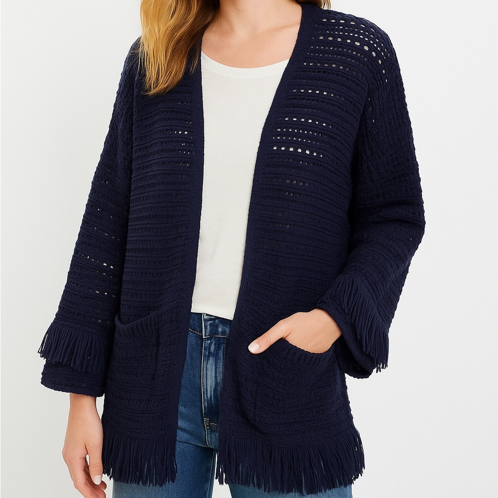 LOFT 100% Cotton Navy Crochet Fringe Open Cardigan Sweater Women’s Medium